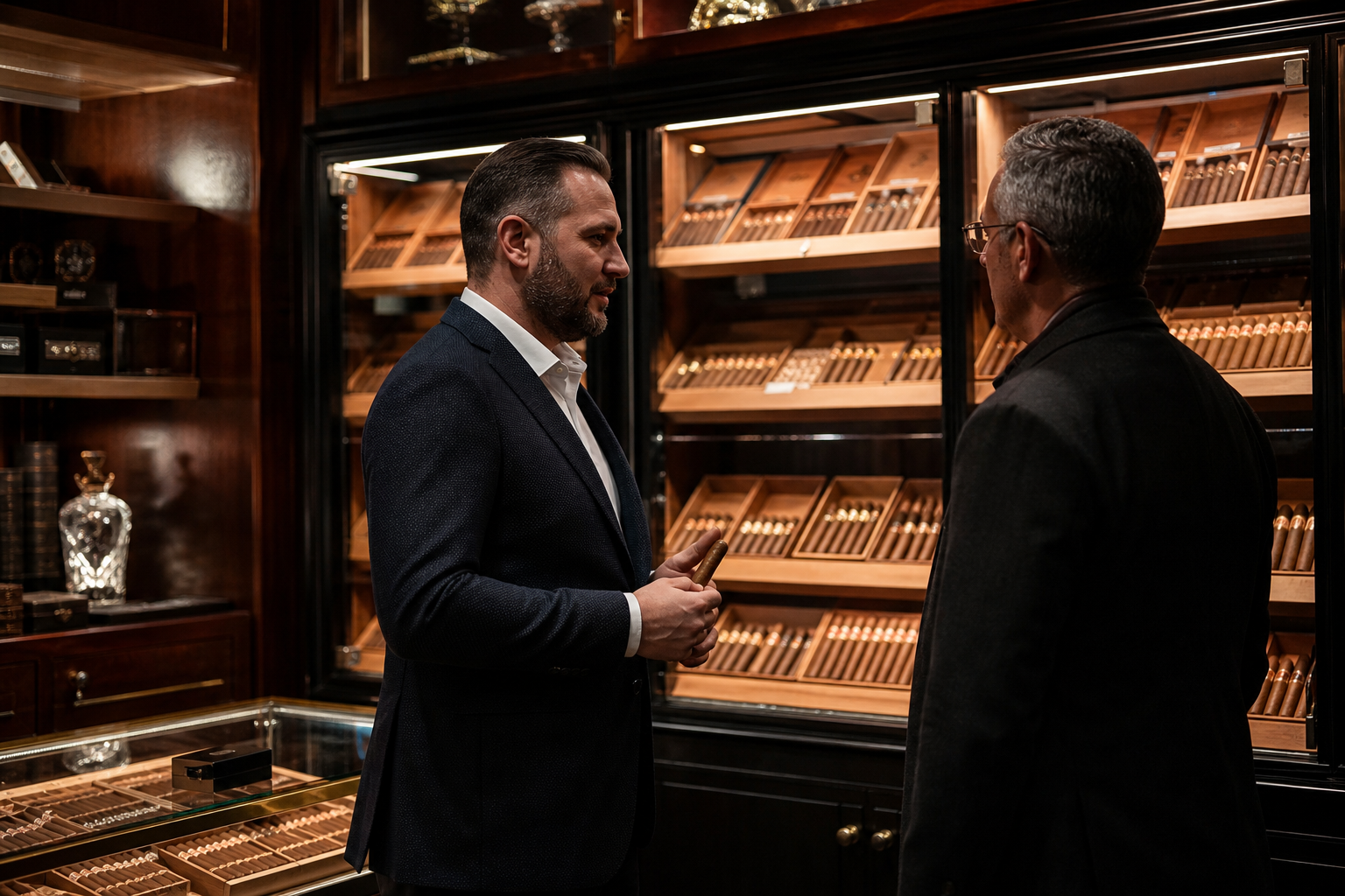 Cigar sales representative meeting with a premium cigar retailer